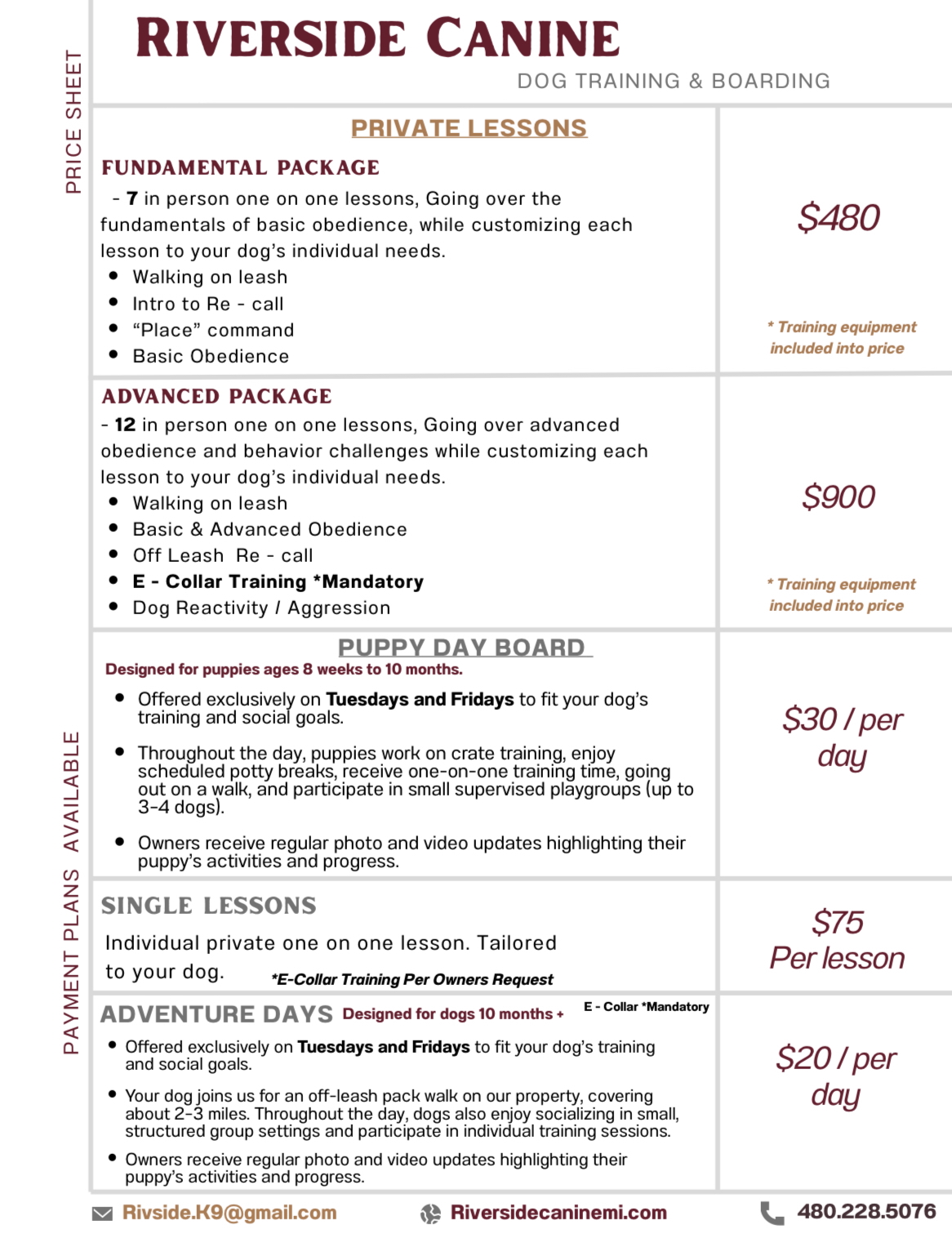 Riverside Canine Lesson Rates and packages.